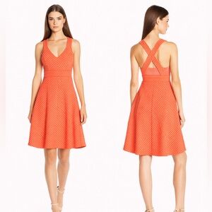 NWT Adrianna Papell Chevron Knit Fit & Flare Dress Coral Pink Cross Back Size M